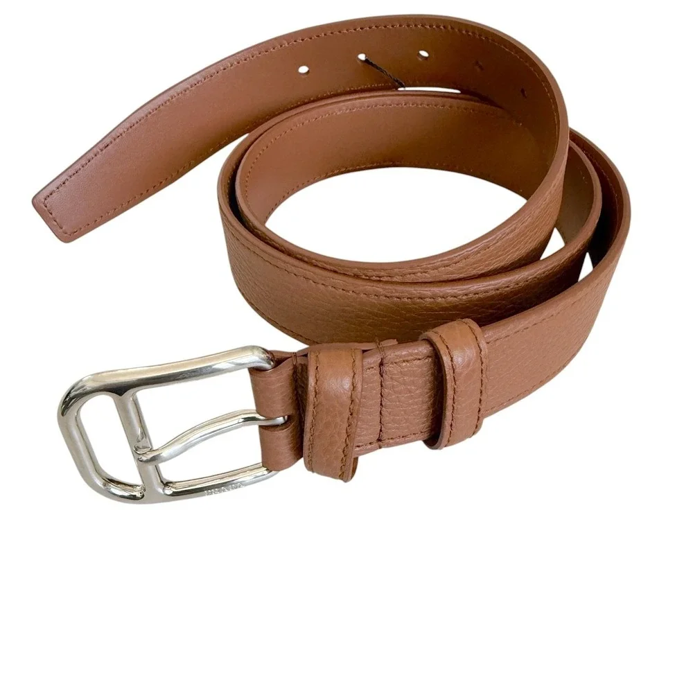 Prada 2CM276 Men's Pebbled Brown Leather Belt silver buckle, 110cm